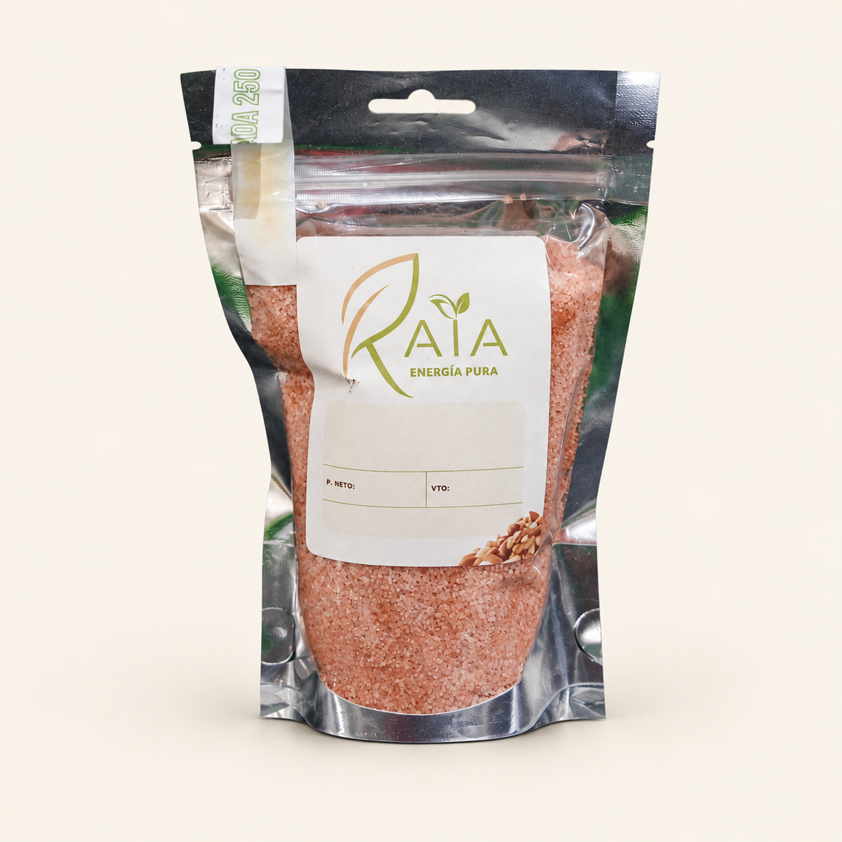 Sal ahumada — 250 g, envase doypack KAIA sobre fondo crema