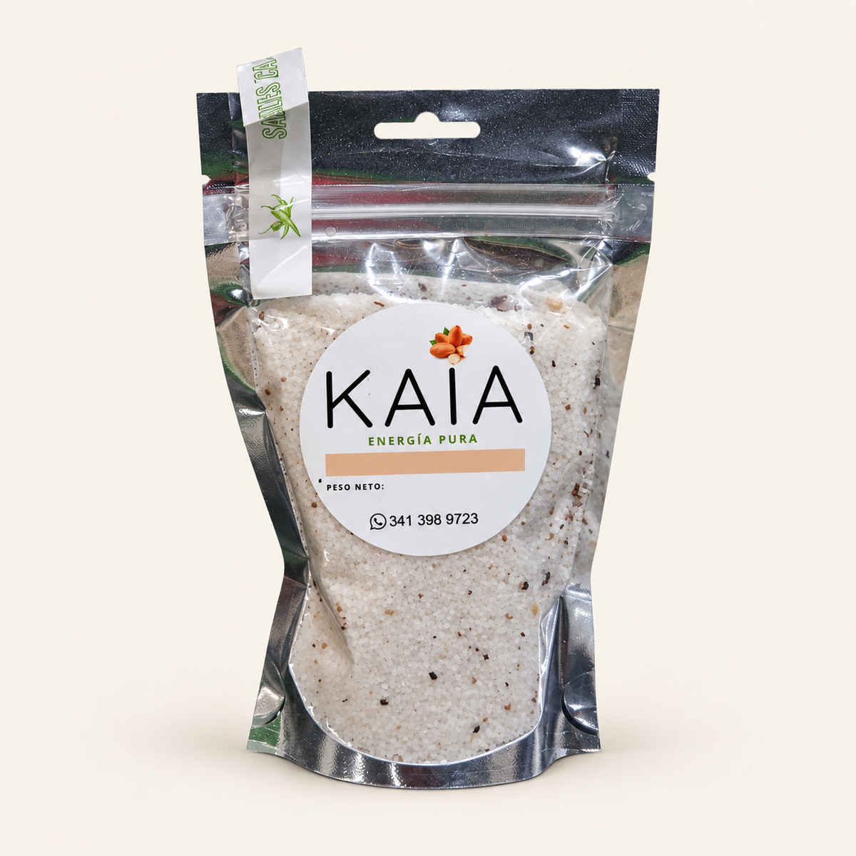 Sal mix pimienta — 250 g, envase doypack KAIA sobre fondo crema