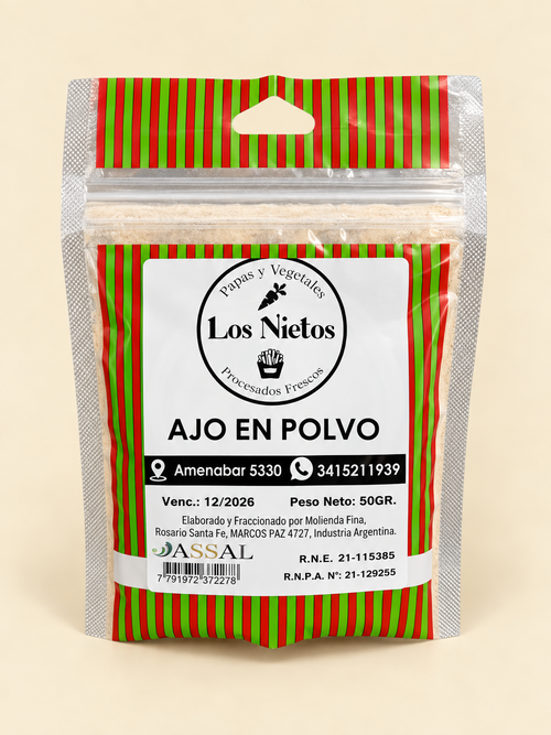 Ajo en polvo, presentación de 50 g: frente del envase sobre fondo crema.