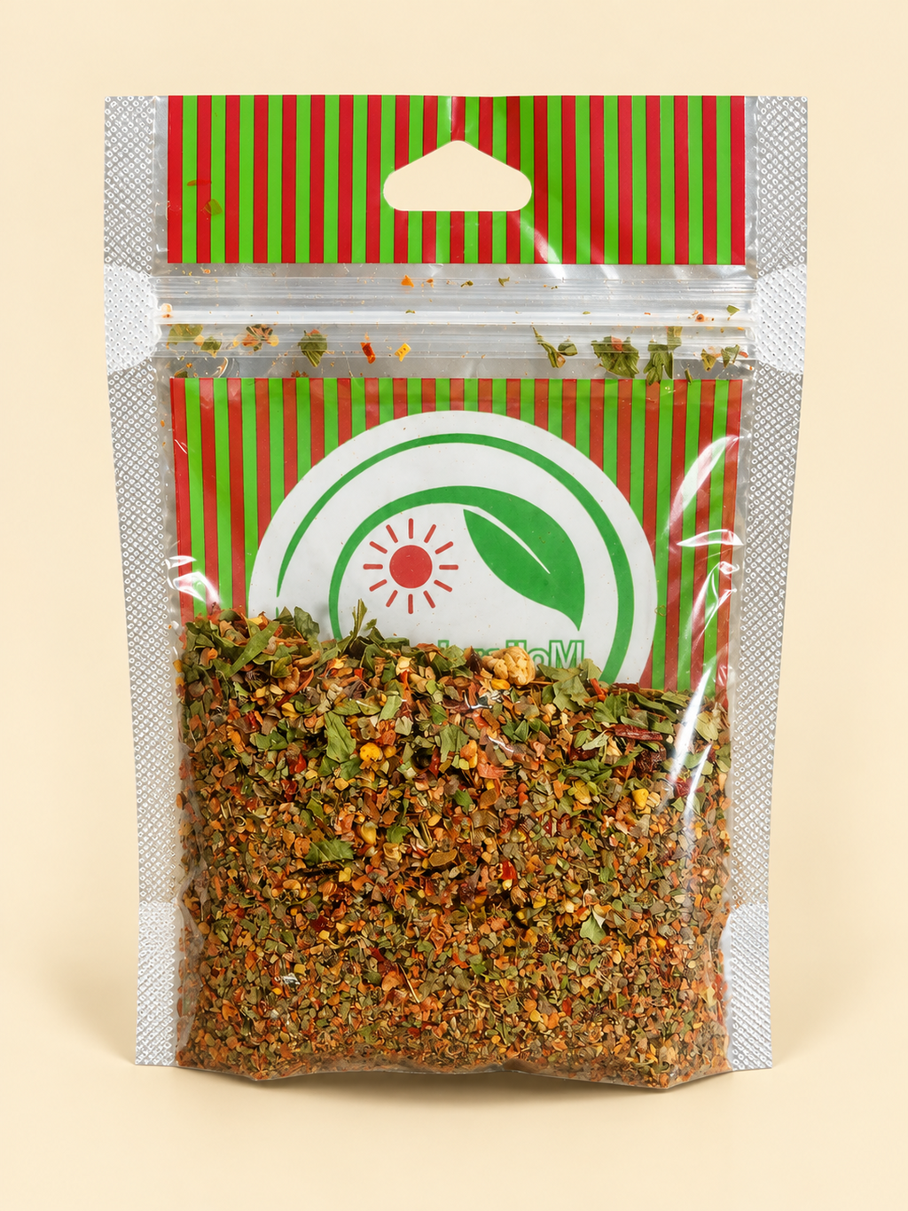 Chimichurri, presentación de 50 g: dorso del envase sobre fondo crema.