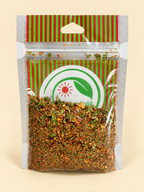 Chimichurri, presentación de 50 g: dorso del envase sobre fondo crema.