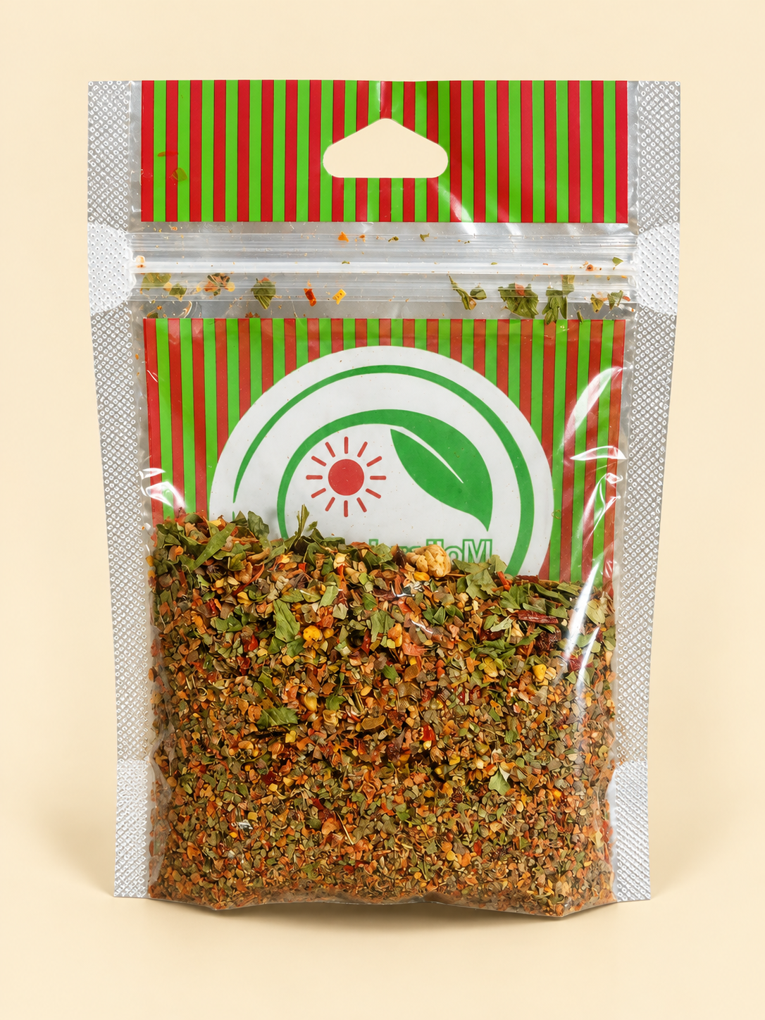 Chimichurri, presentación de 50 g: dorso del envase sobre fondo crema.