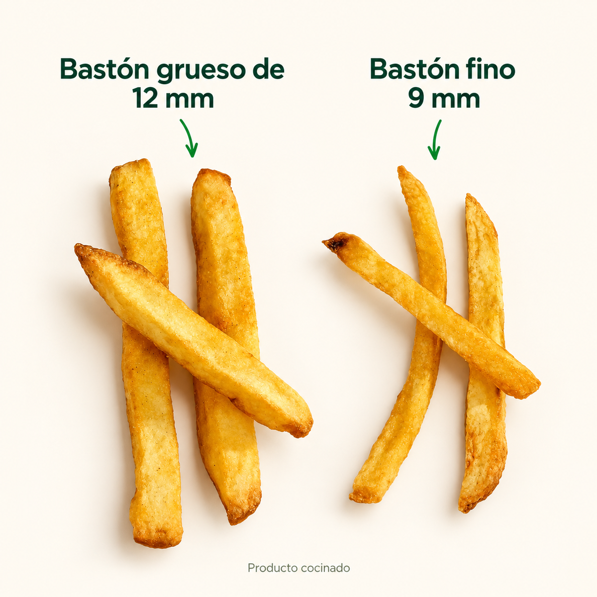 Comparación de papas bastón cocinadas: bastón grueso de 12 mm a la izquierda y bastón fino de 9 mm a la derecha, identificados con flechas.