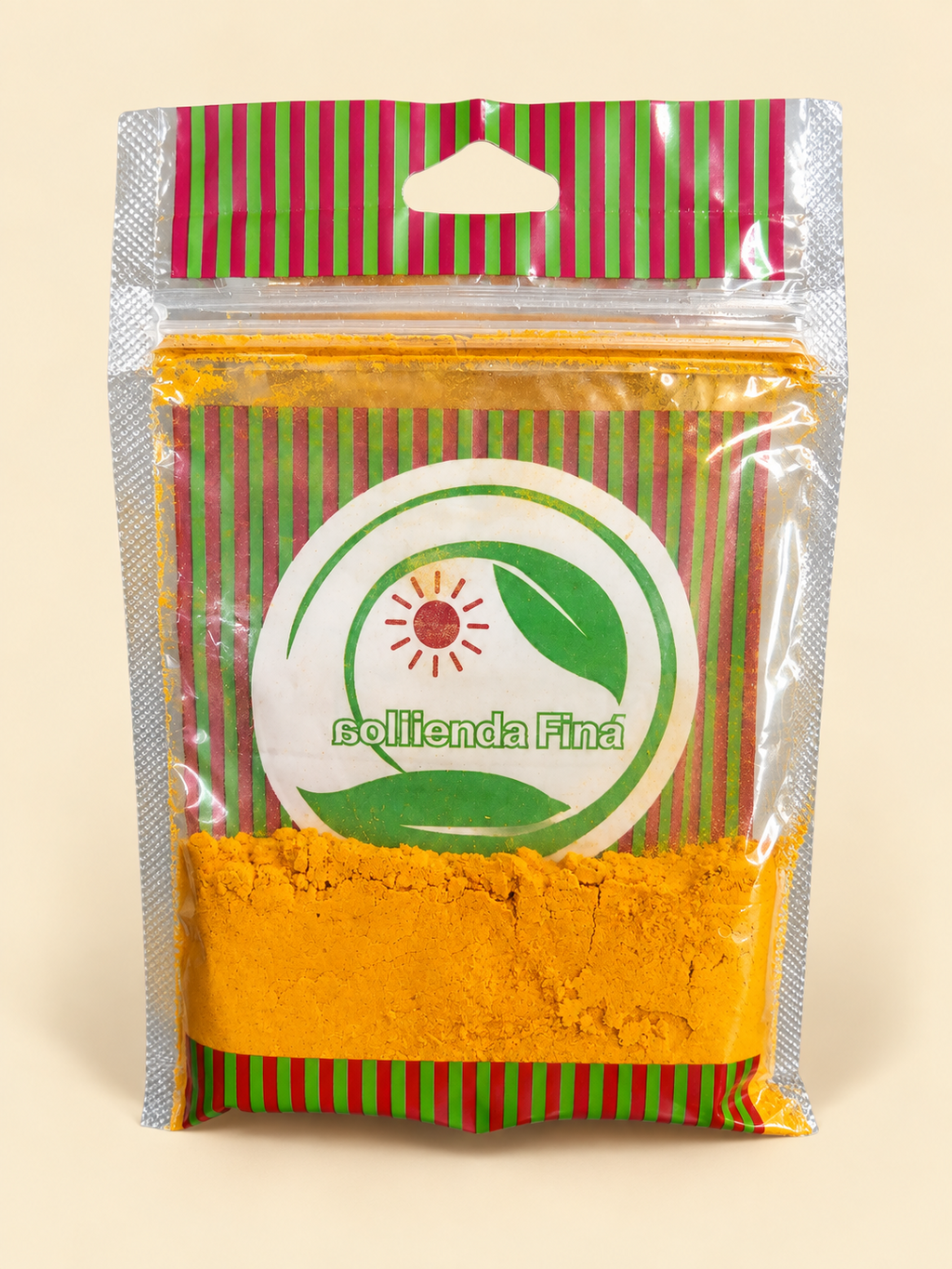 Cúrcuma, presentación de 50 g: dorso del envase sobre fondo crema.