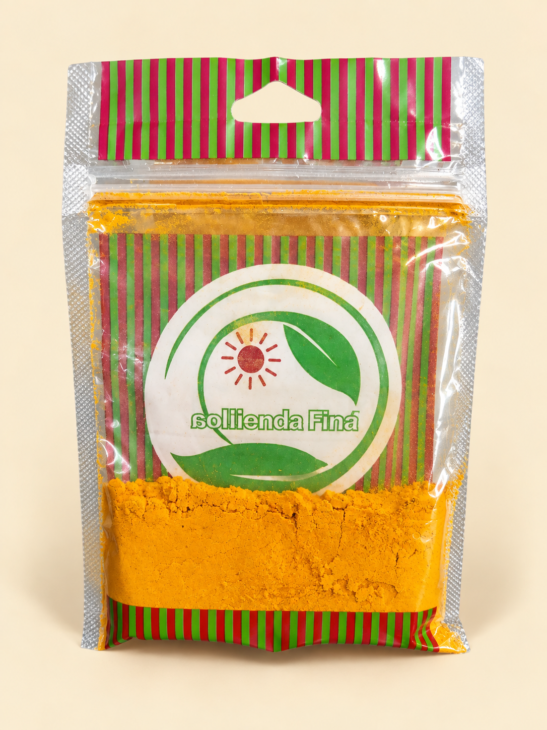 Cúrcuma, presentación de 50 g: dorso del envase sobre fondo crema.