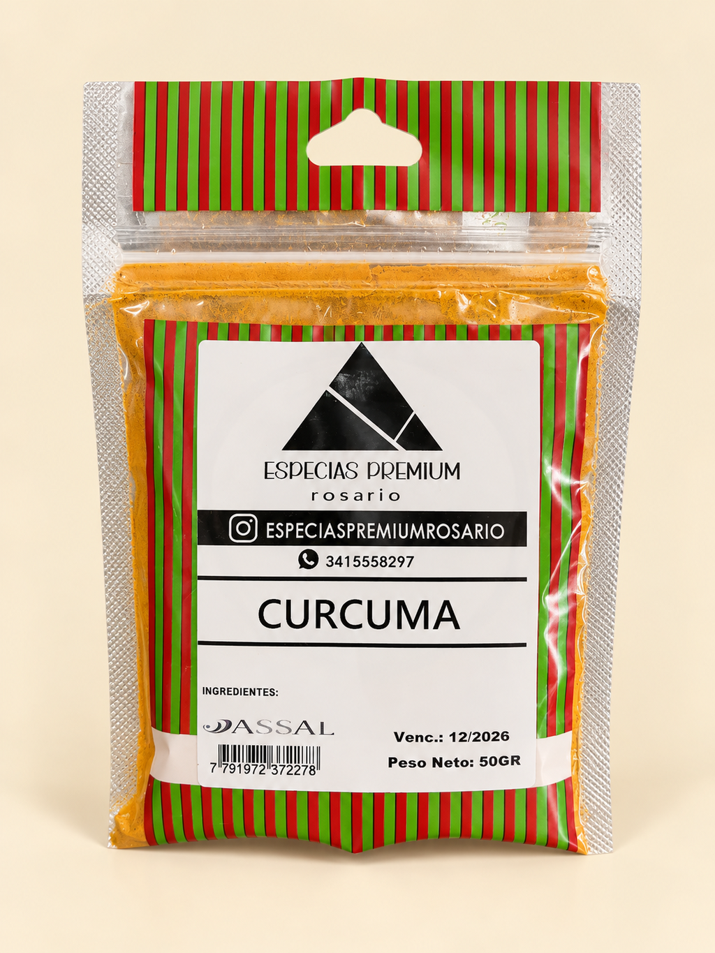 Cúrcuma, presentación de 50 g: frente del envase sobre fondo crema.