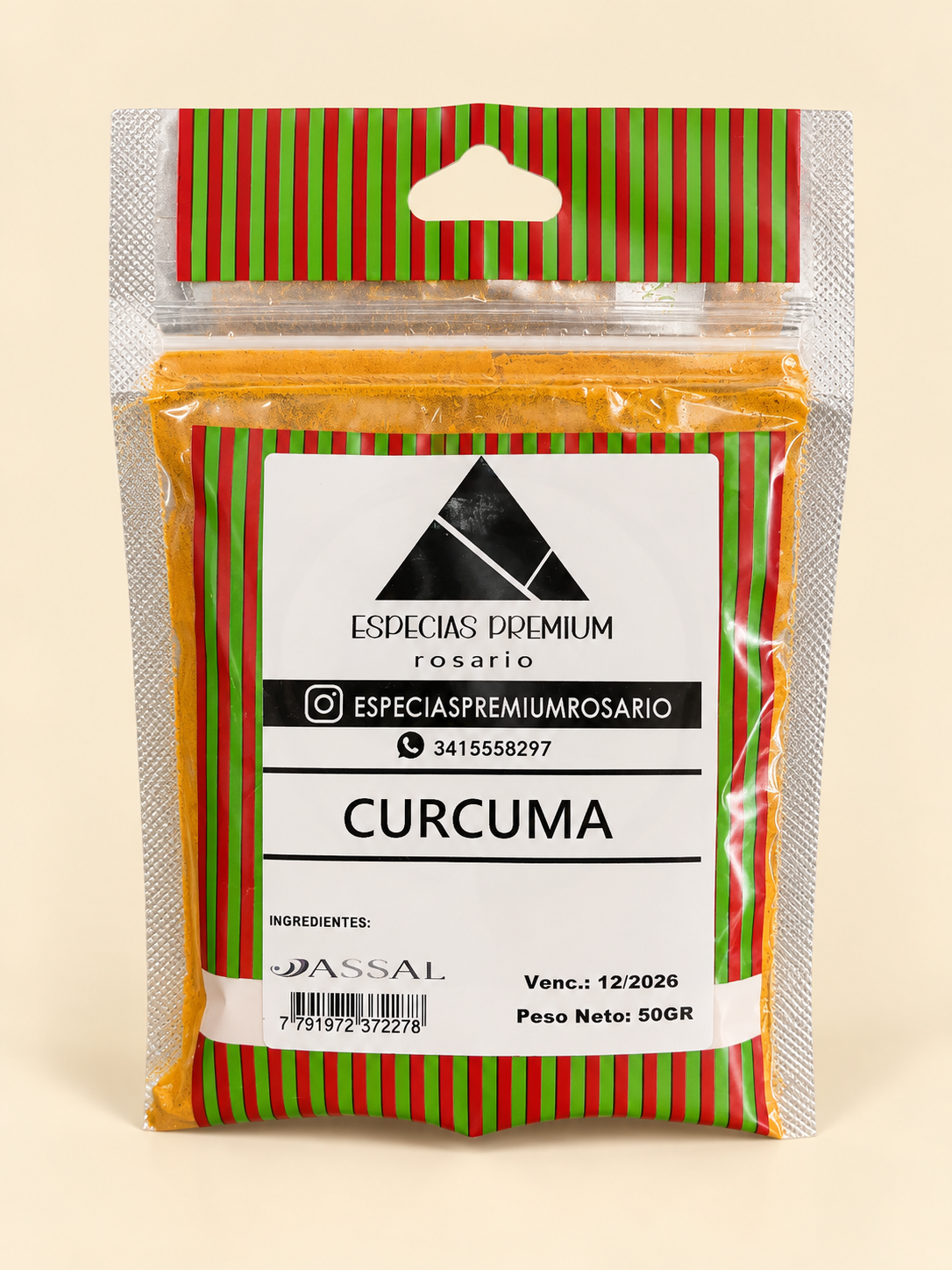 Cúrcuma, presentación de 50 g: frente del envase sobre fondo crema.