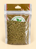 Orégano, presentación de 50 g: dorso del envase sobre fondo crema.