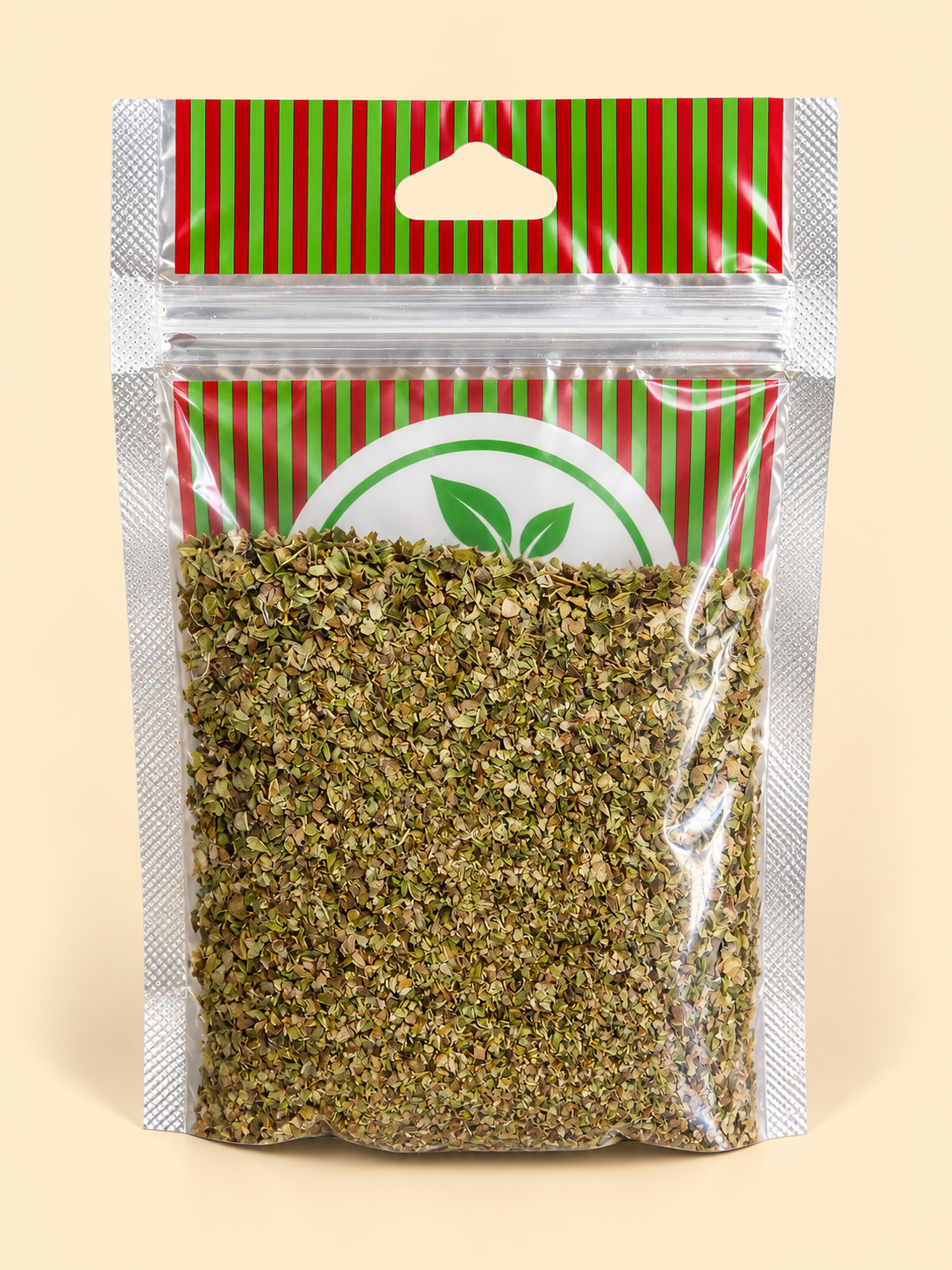 Orégano, presentación de 50 g: dorso del envase sobre fondo crema.