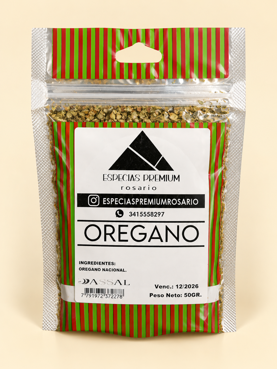 Orégano, presentación de 50 g: frente del envase sobre fondo crema.