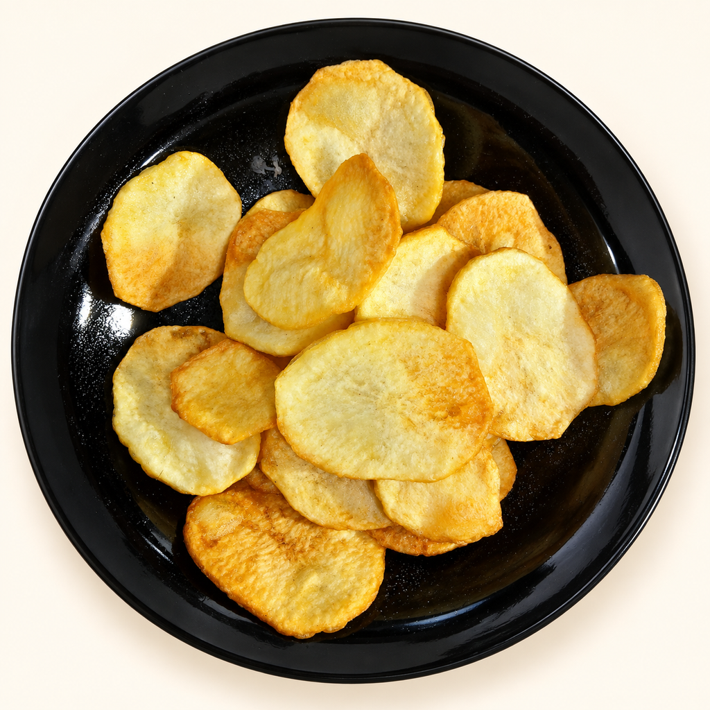 Papas españolas cocinadas y doradas sobre plato negro. Sugerencia de preparación.