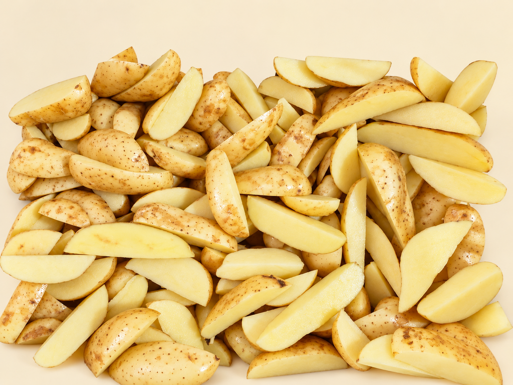 Papas frescas rústicas cortadas en cuñas con cáscara sobre fondo crema, listas para cocinar.