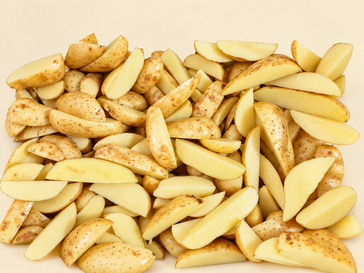 Papas frescas rústicas cortadas en cuñas con cáscara sobre fondo crema, listas para cocinar.