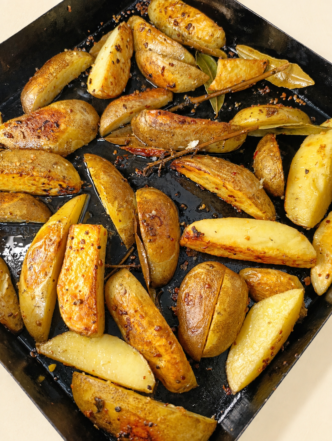 Sugerencia de preparación: papas rústicas en cuñas con cáscara, cocinadas y condimentadas en una bandeja. El producto se vende fresco para cocinar.