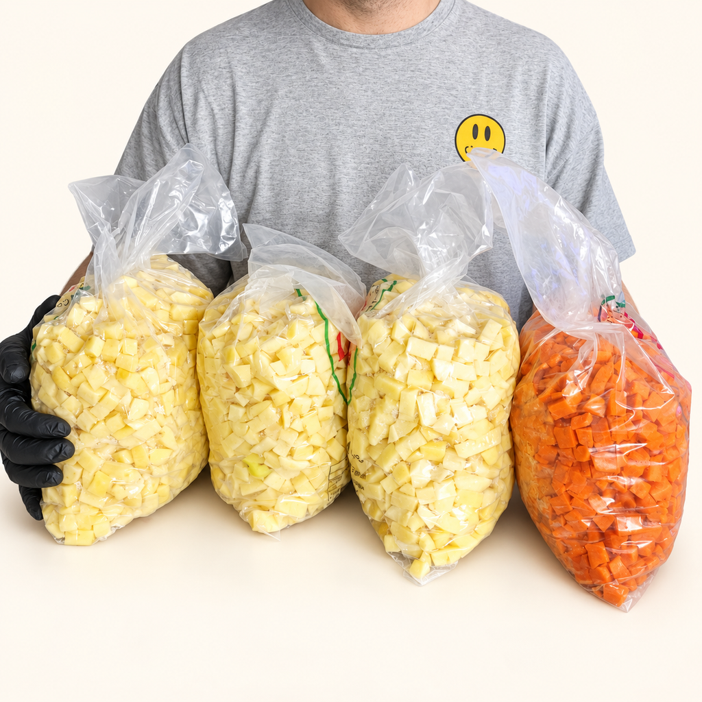Promo rusa XL: 12 kg de papa en cubitos y 3 kg de zanahoria en cubitos, en bolsas presentadas juntas.