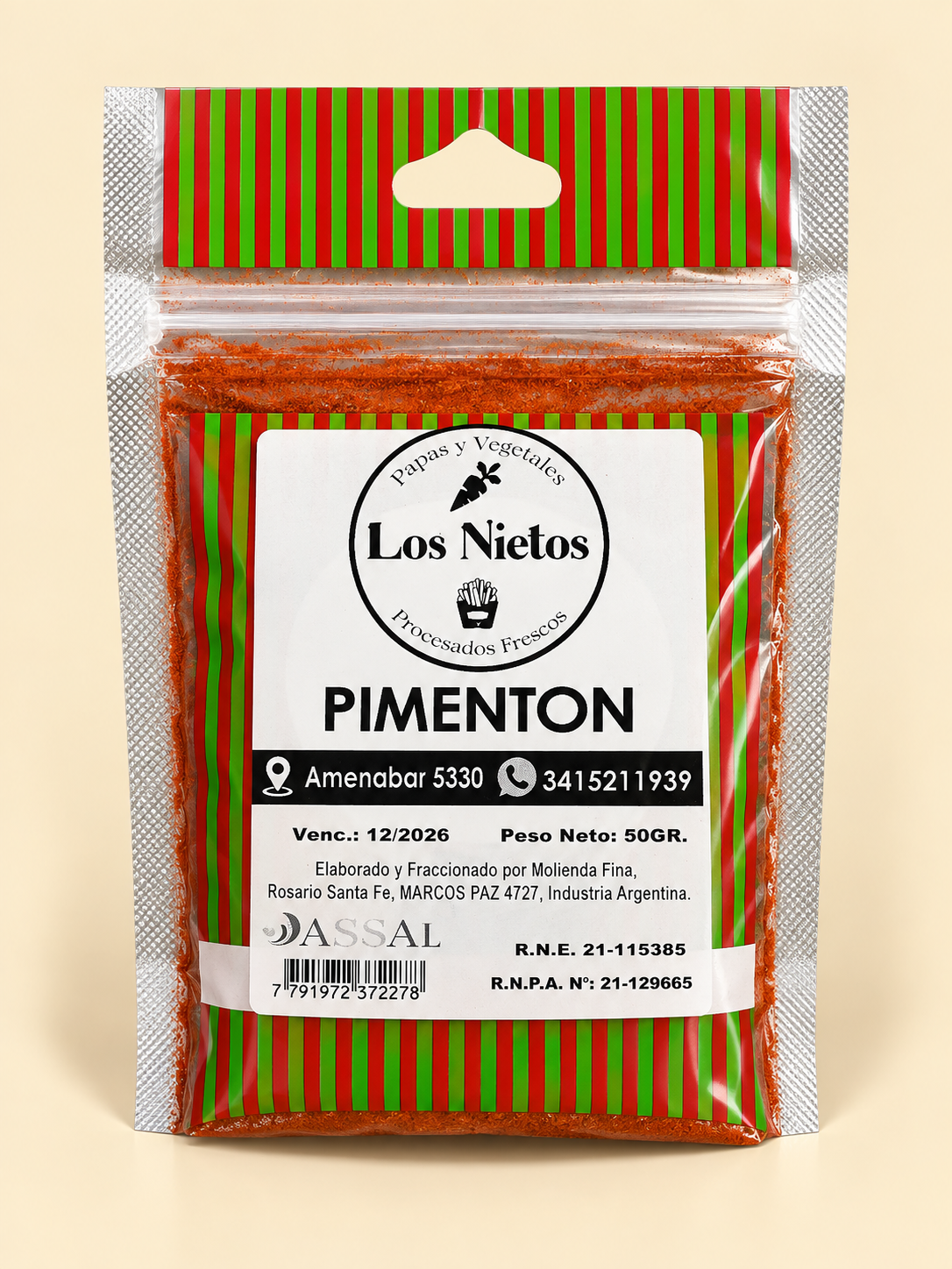 Pimentón, presentación de 50 g: frente del envase sobre fondo crema.