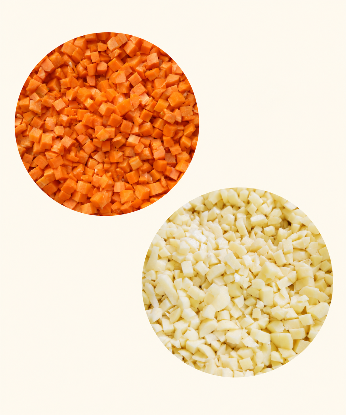 Detalle de papa y zanahoria en cubitos para las promos de ensalada rusa.