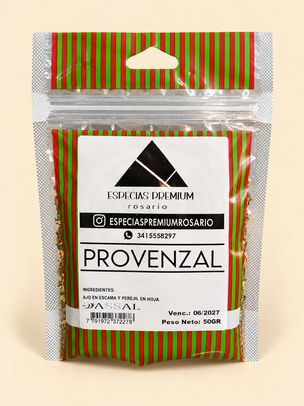 Provenzal, presentación de 50 g: frente del envase sobre fondo crema.