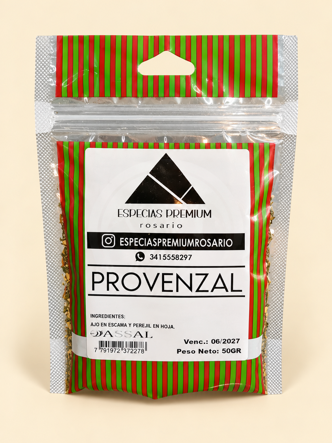 Provenzal, presentación de 50 g: frente del envase sobre fondo crema.