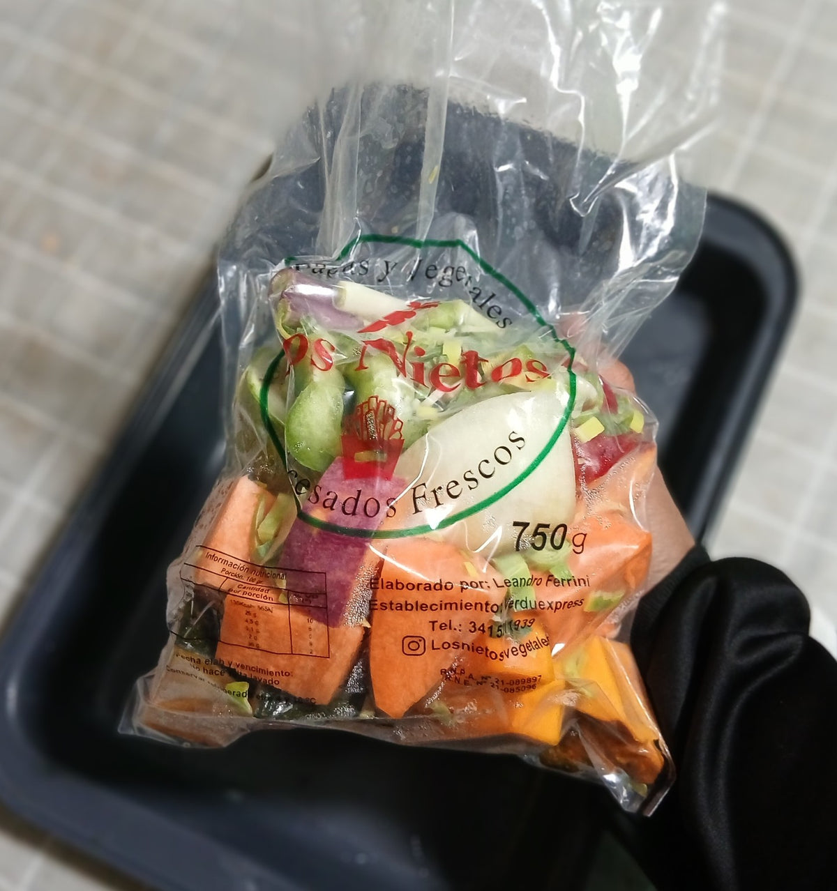 Vegetales para horno Los Nietos, bolsa de 750 g: fotografía original de detalle del envase